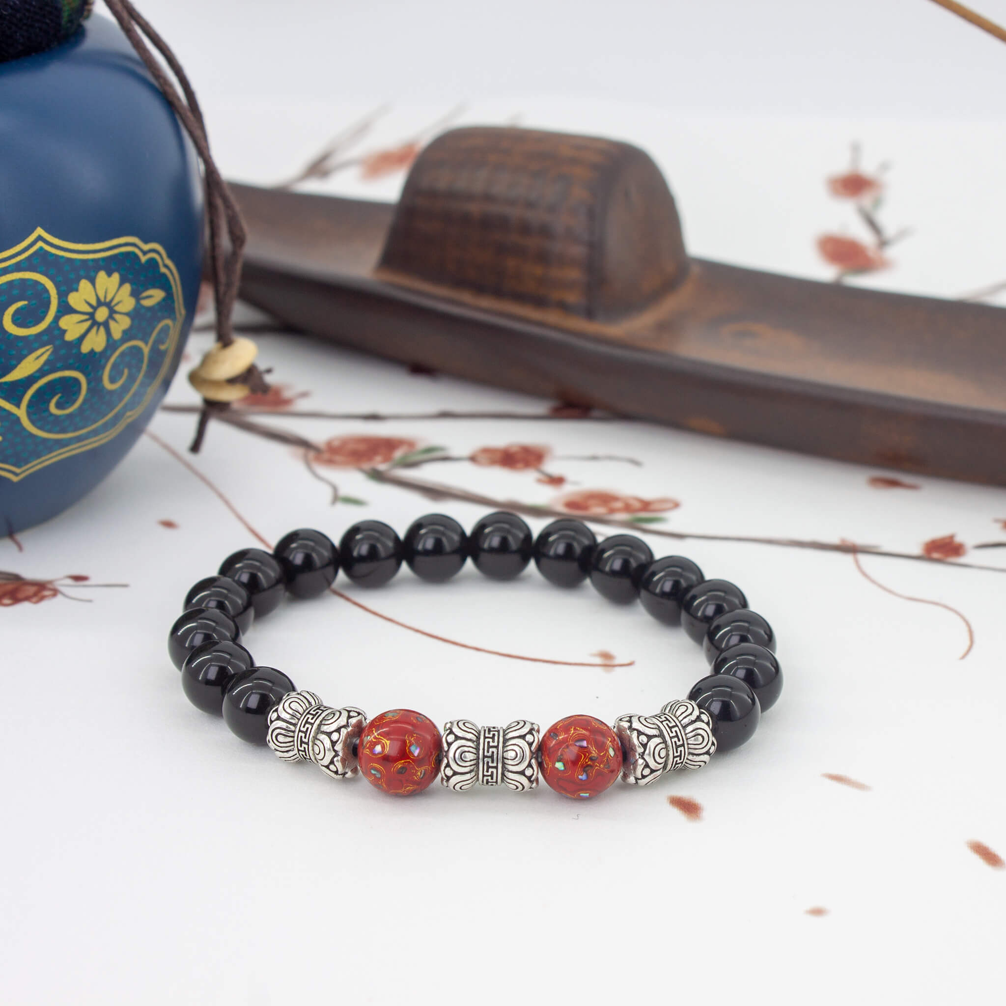 Urushi Gemstone Bracelet – Obsidian Flame（8mm）