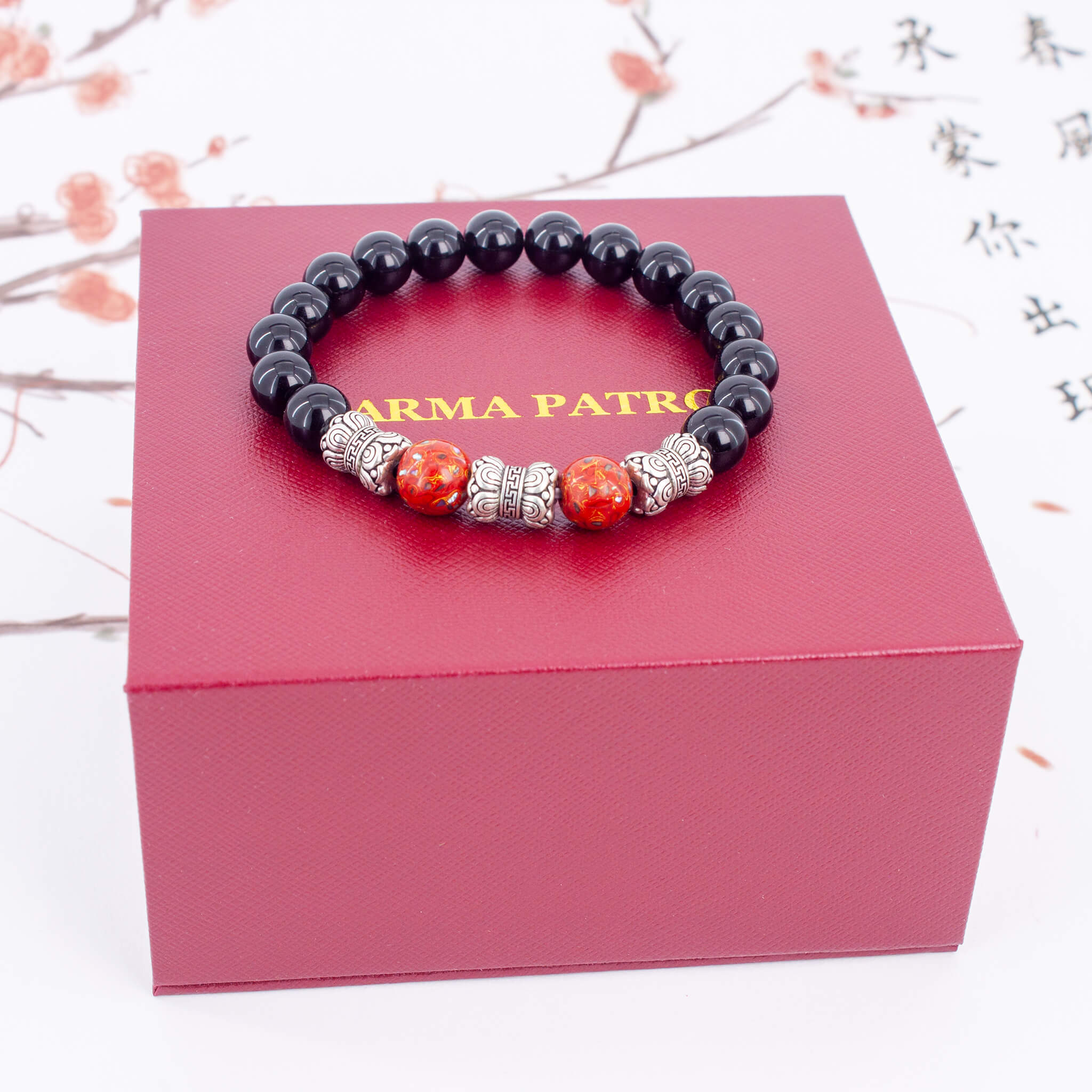 Urushi Gemstone Bracelet – Obsidian Flame（8mm）