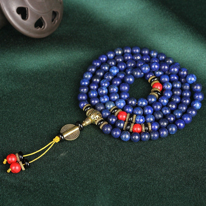 Handcrafted Tibetan Lapis Lazuli mala beads showcasing spiritual energy