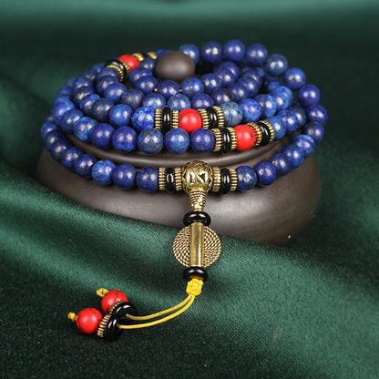 Close-up of the Lapis Lazuli mala bracelet, a symbol of clarity and protection