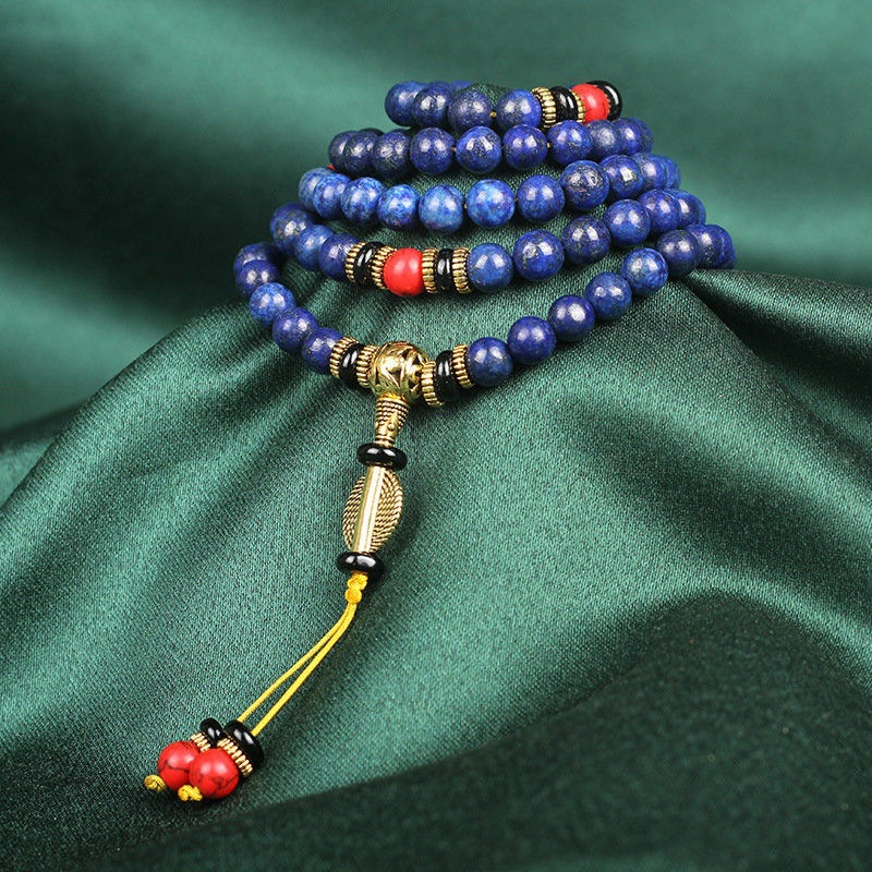 Lapis Lazuli mala beads designed as a necklace for spiritual balance