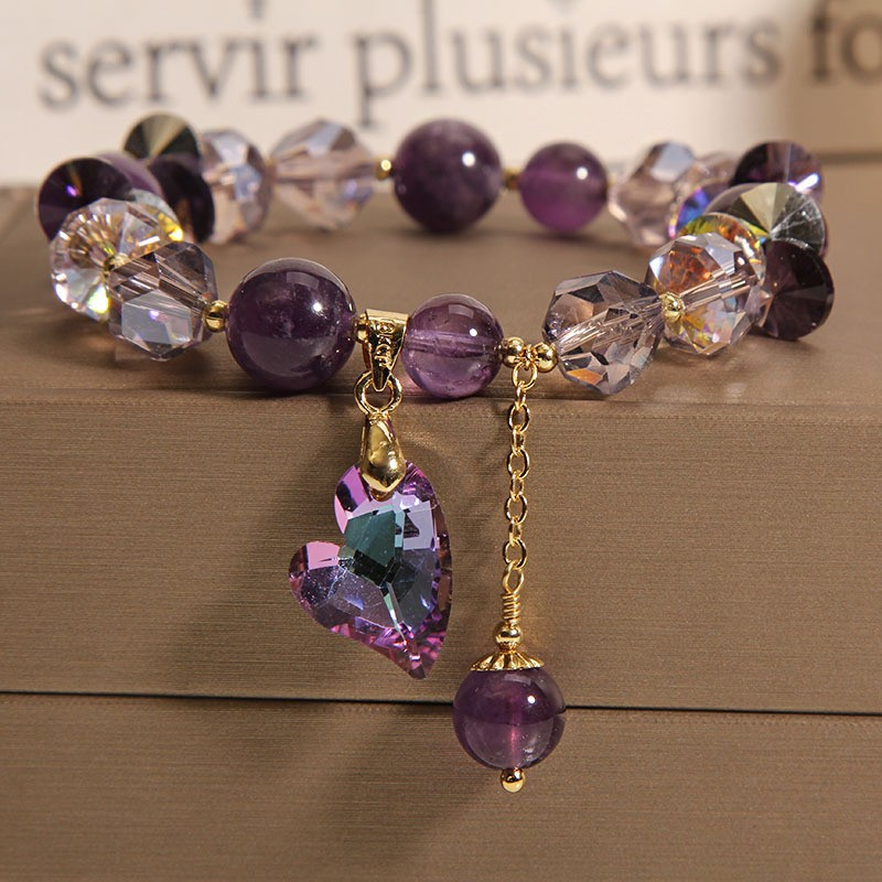 Heart crystal design amethyst pearl bracelet, representing love, harmony, and spiritual clarity