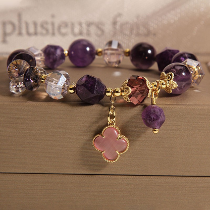 Pink four-leaf clover design amethyst pearl bracelet, attracting abundance and good fortune