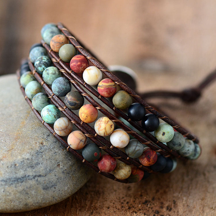 Close-up image of the Balanced Life Agate Bracelet, focusing on the polished agate stones and their peaceful energy