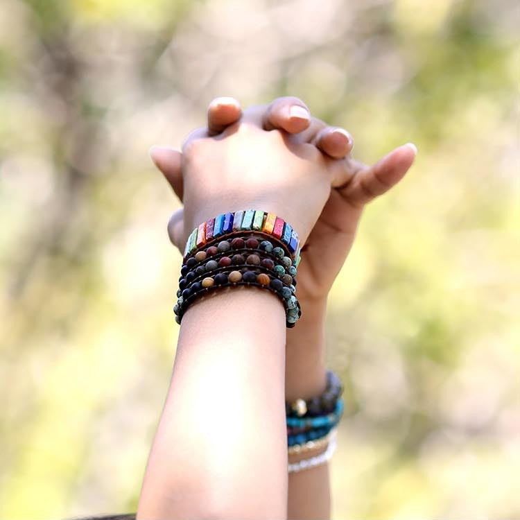 Close-up of model wearing the Balanced Life Agate Bracelet, highlighting the natural beauty and peaceful energy of the agate stones.