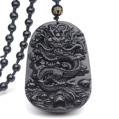 Black Obsidian Dragon Pendant Necklace on a white background, showcasing the detailed dragon design