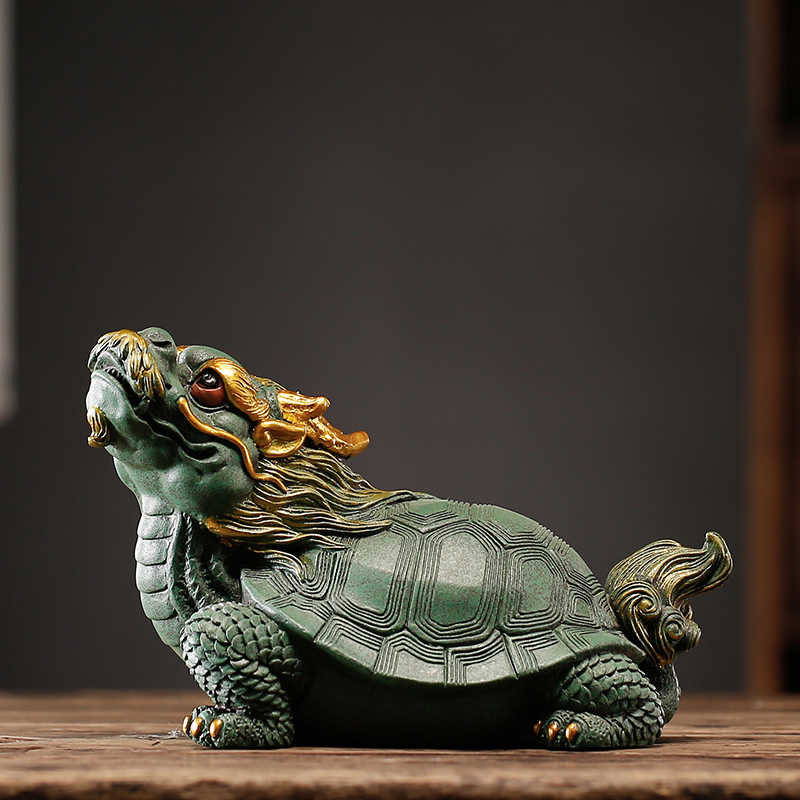 Hand-carved Qing Sha Stone dragon turtle statue, a Feng Shui symbol for wealth and protection