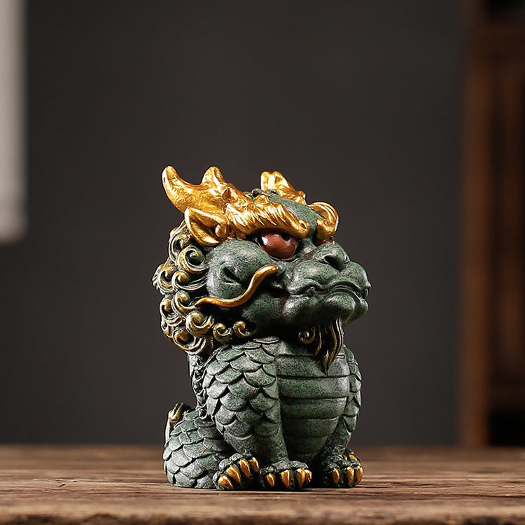 Alternate side view of a Qing Sha Stone Chinese dragon statue with lifelike features.