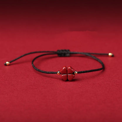 Natural Cinnabar Four Leaf Clover Blessing Red String Anklet in black color