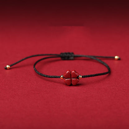 Natural Cinnabar Four Leaf Clover Blessing Red String Bracelet in black color