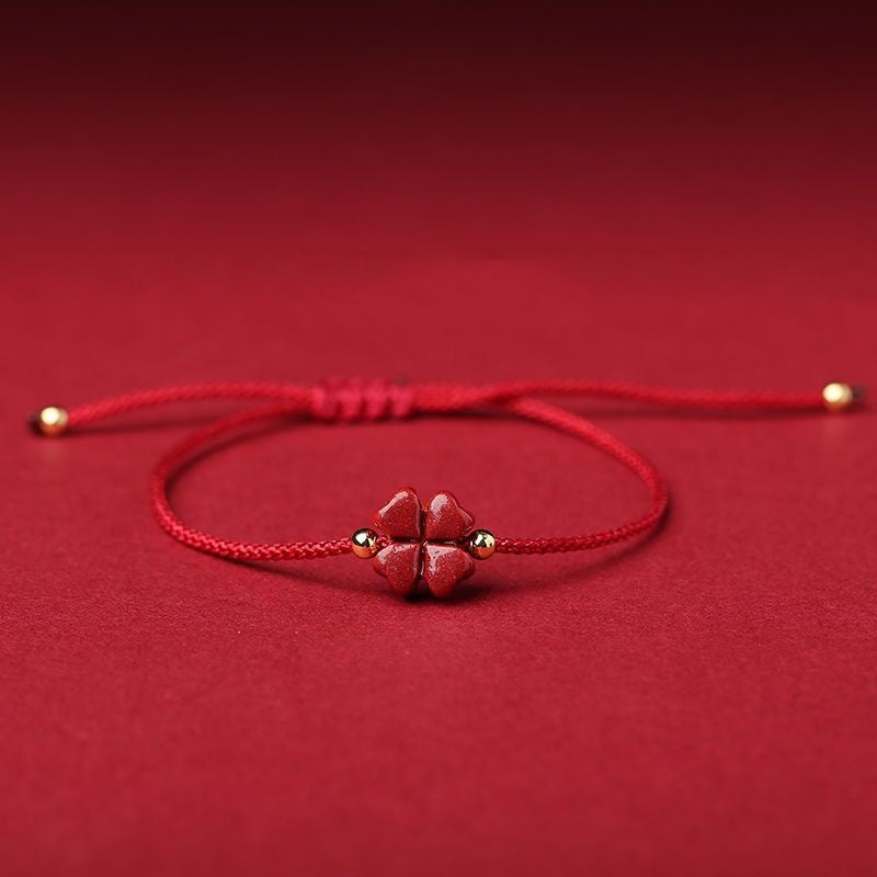 Natural Cinnabar Four Leaf Clover Blessing Red String Anklet in dark red color