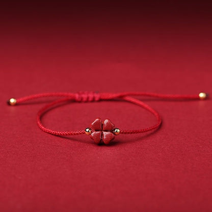 Natural Cinnabar Four Leaf Clover Blessing Red String Anklet in dark red color