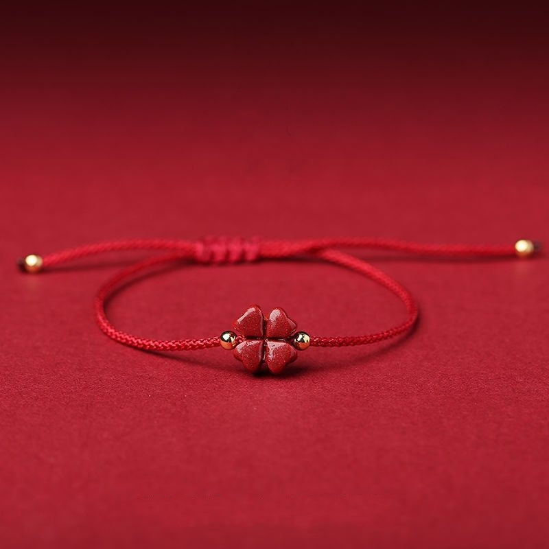 Full view of the Natural Cinnabar Four Leaf Clover Blessing Red String Bracelet Anklet