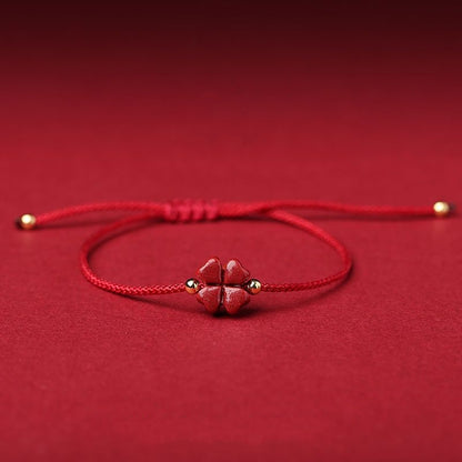 Full view of the Natural Cinnabar Four Leaf Clover Blessing Red String Bracelet Anklet