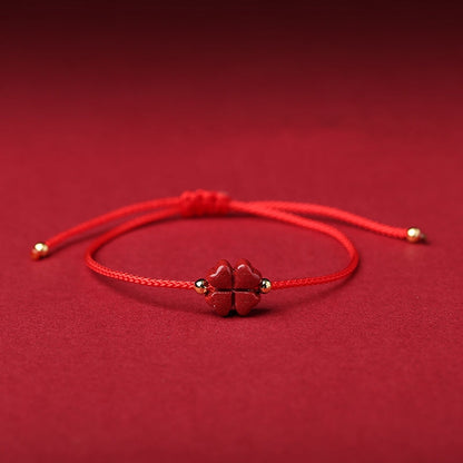 Natural Cinnabar Four Leaf Clover Blessing Red String Anklet in red color