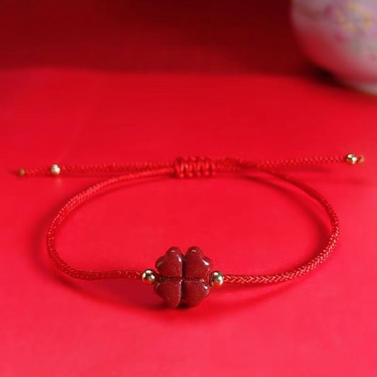 Natural Cinnabar Four Leaf Clover Blessing Red String Bracelet Anklet in red color