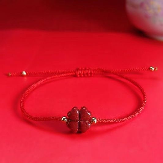 Natural Cinnabar Four Leaf Clover Blessing Red String Bracelet Anklet in red color