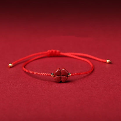 Natural Cinnabar Four Leaf Clover Blessing Red String Bracelet in red color