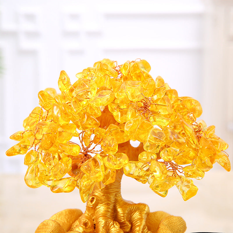 Close-up of the crown of the citrine money tree, showcasing the beautiful citrine crystal leaves