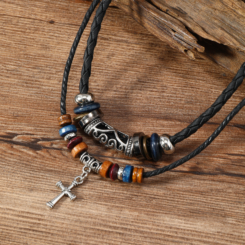 Close-up of Double Cross Wood Bead Necklace showing alloy cross pendant and detailed wooden beads