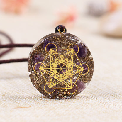 Front view of Metatron's Cube Amethyst Crystal Pendant, showcasing its unique design