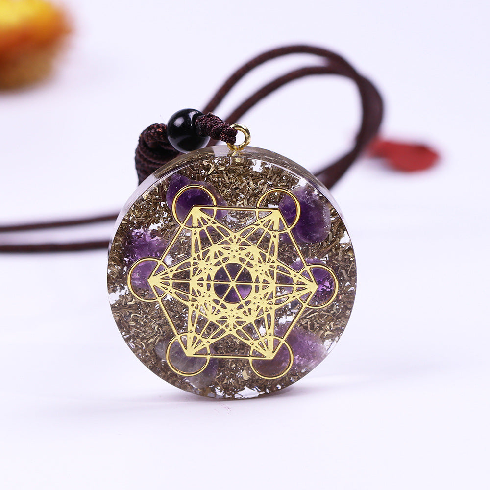 Metatron's Cube Amethyst Pendant Necklace, showing the pendant and chain together