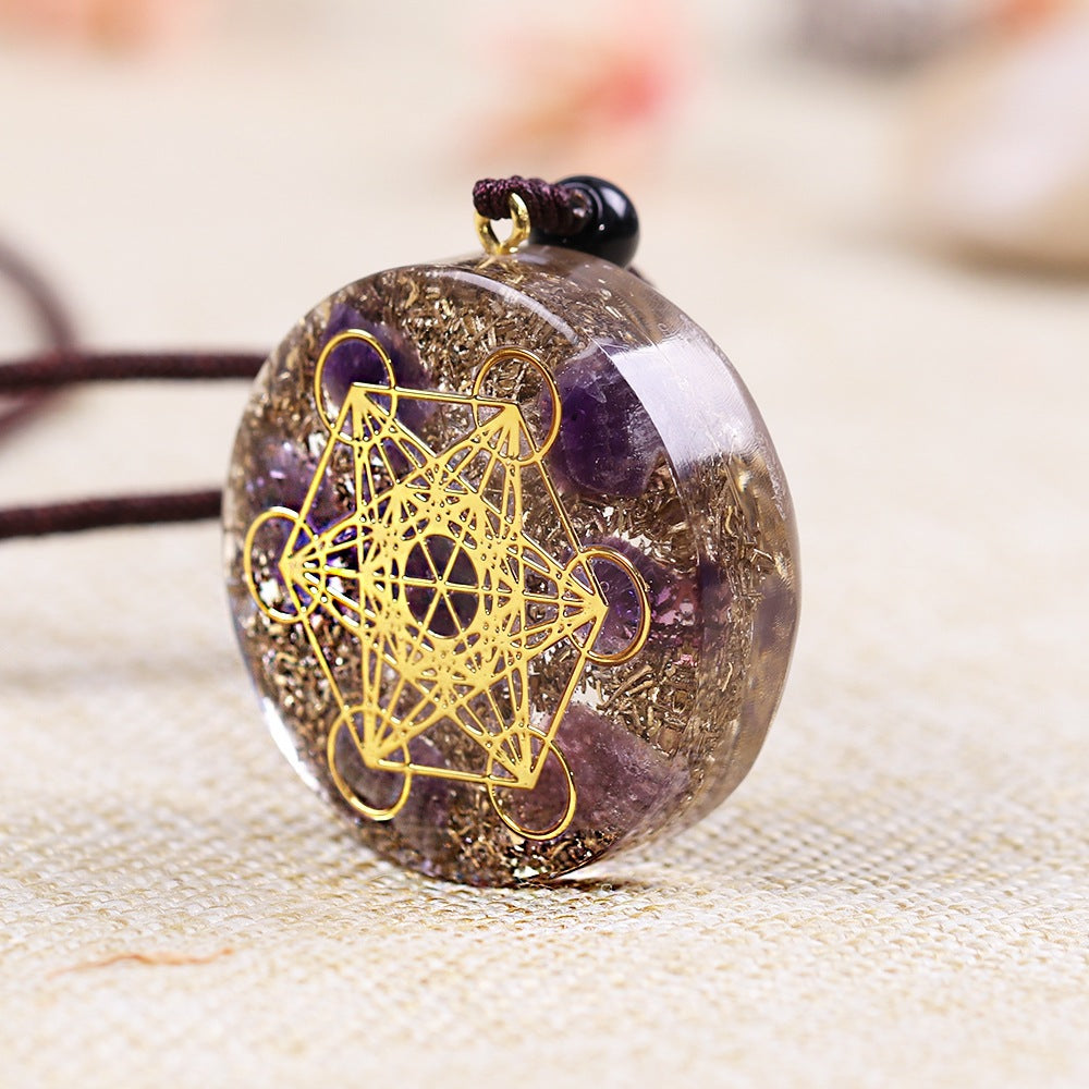 Side view of Metatron's Cube Amethyst Crystal Pendant Necklace, highlighting the pendant shape