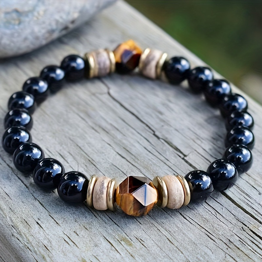 Obsidian Bead Bracelet with Tiger Eye, showcasing the full design of the bracelet