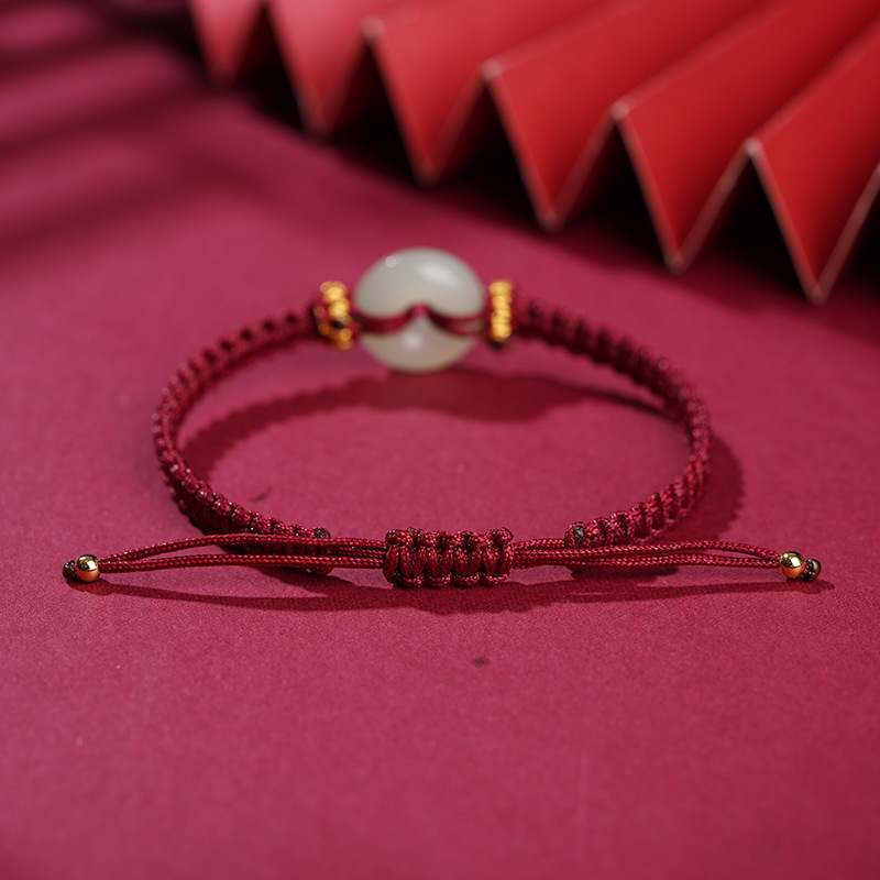 Red string and Hetian jade bracelet with peace buckle for protection and good fortune