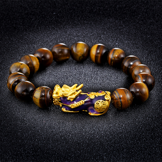 Tiger's Eye Feng Shui bracelet with Pi Xiu charm, symbolizing prosperity and good fortune