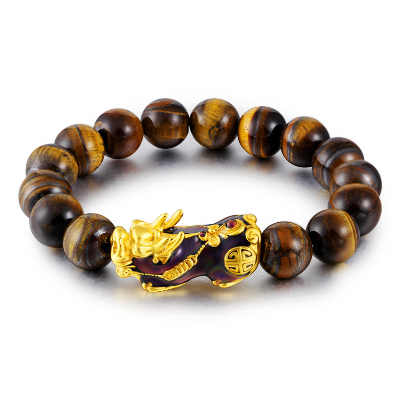 Pi Xiu Tiger's Eye Bracelet on white background, handcrafted for spiritual protection and prosperity