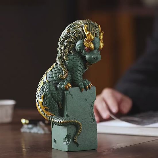 Video showcasing the hand-carved Qing Sha Stone Chinese coiled dragon statue, highlighting its intricate details and Feng Shui symbolism