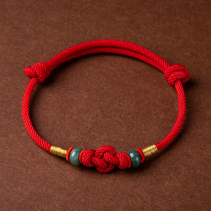 Red string jade lover's knot braided couple bracelet with a woven knot design