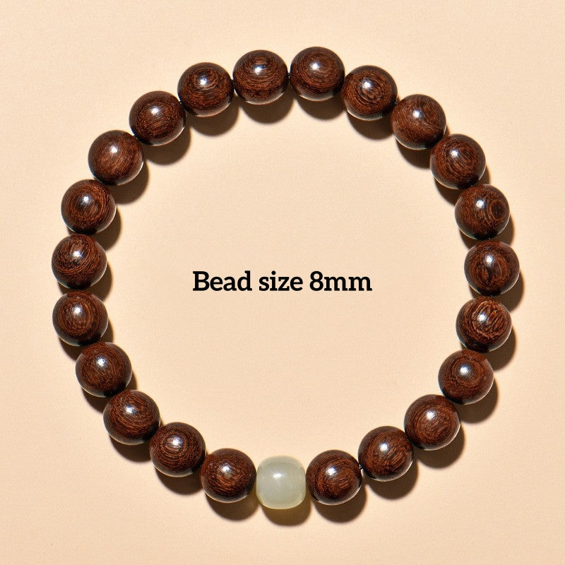 8mm Sandalwood & Hetian Jade Buddhist Mala Bracelet, Elegant Wooden Bead Design for Spiritual Growth