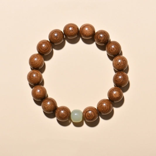 Sandalwood & Hetian Jade Buddhist Mala Bracelet – Front View, Wooden Bead Design for Spiritual Growth