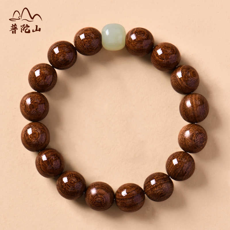 Sandalwood & Hetian Jade Buddhist Mala Bracelet , Wooden Beads and Jade for Prosperity