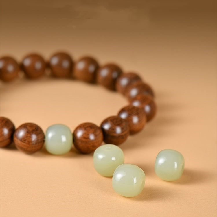 Side view of Sandalwood & Hetian Jade Buddhist Mala Bracelet, Wooden Beads for Meditation