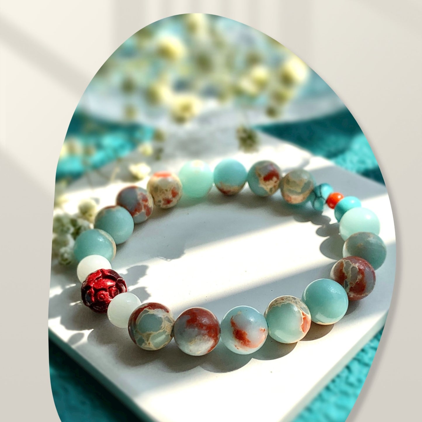 Overview of Shoushan Stone Lotus Bracelet with lotus charm and Shoushan stone details.