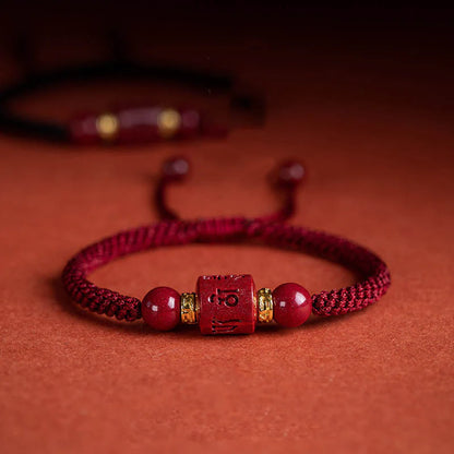 Tibetan Cinnabar Red String Bracelet of Fortune, featuring Six True Words for protection and luck