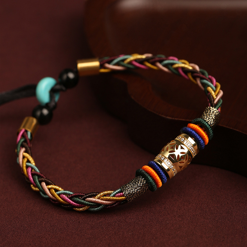 Close-up of Tibetan King Kong Knot Luck Weave String Bracelet, showcasing the intricate weaving