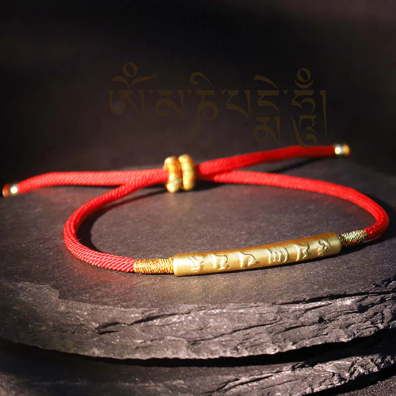 Tibetan Lucky Charm Red String Bracelet with gold Six-Syllable Mantra charm