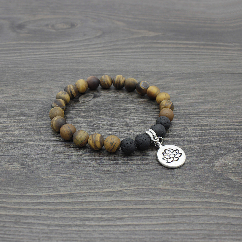 Tiger Eye Lava Stone Bracelet with Lotus Charm