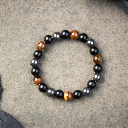 Close-up of Tiger Eye and Obsidian stones in protection bracelet