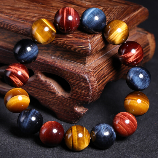 Angle view of the Natural Tiger Eye Positive Protection Bracelet highlighting its tiger eye beads