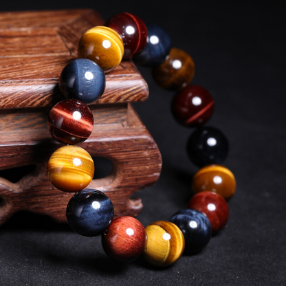 Beautiful display of the Natural Tiger Eye Positive Protection Bracelet with three tiger eye stones