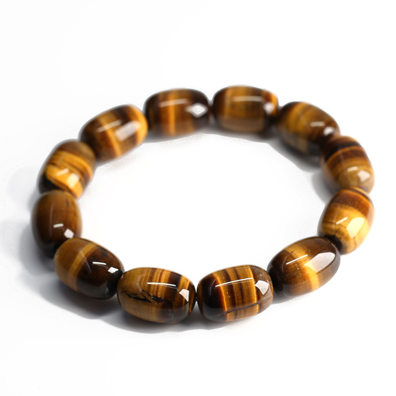 Natural Tiger's Eye Wisdom Bracelet with barrel-shaped beads on white background