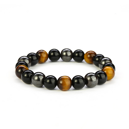 Triple Protection Energy Bracelet with Tiger Eye, Obsidian, and Hematite on white background