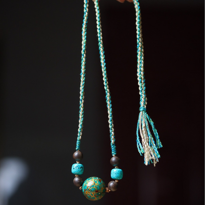 Close-up of the Turquoise & Lacquered Bead Serenity Necklace showcasing its craftsmanship