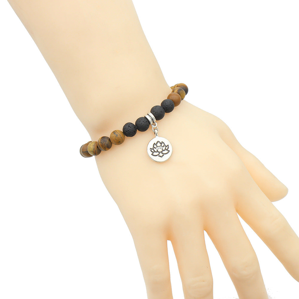 Worn Tiger Eye Lava Stone Bracelet with Lotus Charm